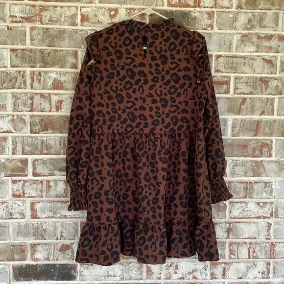 Shein Brown Black Animal Print High Neck Ruffle Mini Dress - Picture 4 of 8